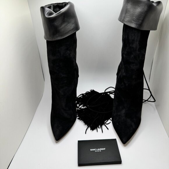 Saint Laurent YSL Meurice 105 Thigh High Boots Tassel Suede Leather Black W 37.5 - Picture 6 of 16